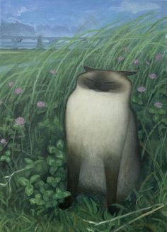 a painting of a cat with its eyes closed sitting in tall grass and pink flowers