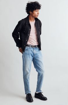 The cut: relaxed through the hip and thigh with a tapered leg. The fabric: premium Authentic Flex denim combines a rigid look with all the comfort of stretch. 99% cotton, 1% elastane Machine wash, tumble dry Imported Taper Jeans, Senior Guys, Tapered Jeans, Madewell Denim, Straight Jeans, Madewell, Investment, What To Wear, Normcore