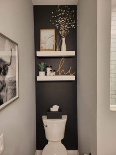 a white toilet sitting in a bathroom next to a shelf filled with pictures and plants