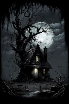 a creepy house in the woods at night with full moon and bats flying over it