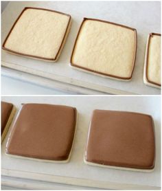 four square shaped cookies sitting on top of a counter next to each other in pans