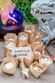 dinosaur bones are sitting on the ground next to some fake dinosaurs and other items in front of them