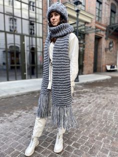 "Unique designed gray wool scarf. This fashionable oversized scarf is loved by women. The extra long scarf is very warm, soft and not itchy. If you are looking for unforgettable gift to express your love and care or something special for yourself -wool set is the best choice . Wool is a super insulating fibre so this is the perfect thing to wrap round your neck when the temperature drops. The scarf measures a total of 2.85 yards so is long enough to be wrapped right round like a super warm wooll Modern Crochet Blanket, Woolen Clothes, Scarf Blanket, Cable Scarf, Thick Scarf, Scarf Knitted, Woven Scarf, Scarf Wool, Scarf Knit