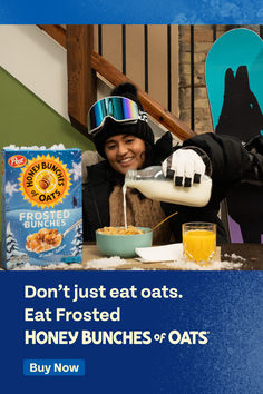 a woman in ski gear pouring milk into a bowl