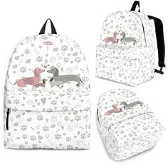 two backpacks with dogs on them and hearts in the background, one is blue