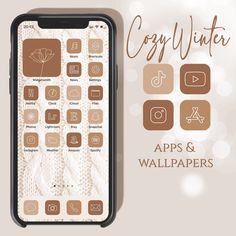 an iphone with icons on it and the text 300 app icons cozy winter in brown