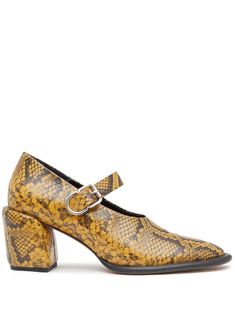 mustard yellow calf leather all-over snakeskin print buckle fastening round toe branded insole 70mm high block heel Mustard Shoes, Yellow Pumps, Ballerina Pumps, Silver Pumps, Platform Mary Janes, Mary Jane Pumps, Mary Jane Heels, Leather Mary Janes, Snakeskin Print