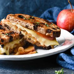 a grilled cheese and tomato sandwich on a plate next to an apple