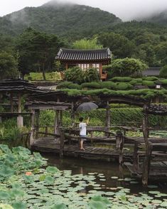 a person holding an umbrella standing on a bridge over water with lily pads and mountains in the background