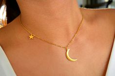 Chain is adjustable. Dainty Star-shaped Jewelry With Moon Charm, Minimalist Moon-shaped Jewelry With Star Charm, Dainty Crescent Jewelry With Star Charm, Dainty Crescent-shaped Jewelry With Star Charm, Lunar Jewelry, Gold Star Necklace, Moon And Star Necklace, Black Leather Choker, Simple Choker