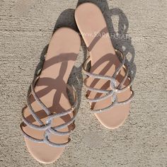 Vegan Leather Rhinestone Embellished Straps Twisted Detail Strap Heel Height Approx: 0.5" Nude Color True Size Sparkling Flat Sandals For The Beach, Bedazzled Flat Beach Sandals, Fur Sandals, Black Platform Sandals, Rhinestone Sandals, Studded Sandals, Jelly Sandals, Black Rhinestone, Toe Sandals