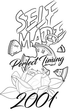 a black and white drawing of a clock with the words selfie mark's perfect time 2011 on it