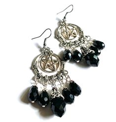 These handmade earrings make a great gift. Silver pentagram with black faceted glass beads. Finished with your choice of silver plated or sterling silver ear wire. Please keep in mind these are heavy earrings.  Product details 3 inches long by 1 inch wide Pentagram charm is silver plated silver plated or sterling silver ear wire black faceted glass beads Please keep in mind these are heavy earrings.   VISIT MY SHOPS HERE   * http://www.etsy.com/shop/HappyCatHouse * http://www.Etsy.com/shop/AnEnc Witchy Dangle Earrings For Festival, Witchy Black Nickel-free Earrings, Black Wire Wrapped Jewelry For Festival, Black Dangle Hoop Earrings For Festivals, Black Metal Witchy Earrings, Black Dangle Jewelry For Festivals, Black Dangle Jewelry For Festival, Black Gothic Hoop Earrings Nickel Free, Witchy Black Earrings For Festival