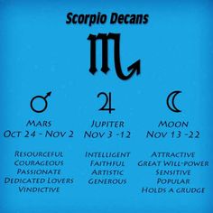 the zodiac sign for scorpio is shown on a blue background with black lettering