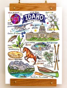 a poster hanging on a wall with the words idaho written in different languages and pictures