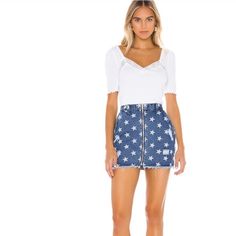 Superdown X Revolve Kayla Zip Front Mini Skirt In Medium Blue Wash Size: L 29” Waist New With Tags Stars Casual Star Print Bottoms For Spring, Spring Trendy Star Print Bottoms, Casual Fitted Star Print Bottoms, Fitted Casual Bottoms With Star Print, Casual Fitted Bottoms With Star Print, White Star Print Summer Bottoms, Summer White Star Print Bottoms, White Summer Bottoms With Star Print, Distressed Skirt