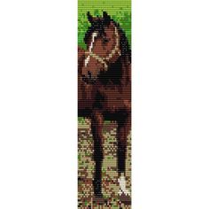 a cross stitch bookmark with a brown horse on it's side and green grass in the background