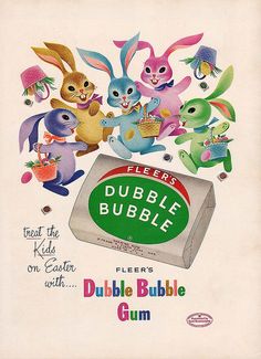 an old advertisement for dubble bubble gum with rabbits and bunnies in the background