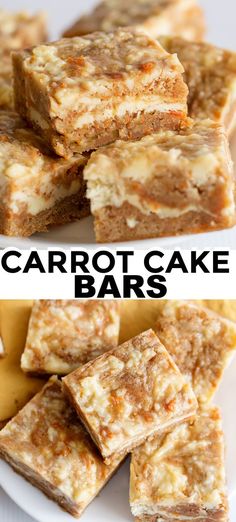 two pictures of carrot cake bars on a white plate with the words carrot cake bars