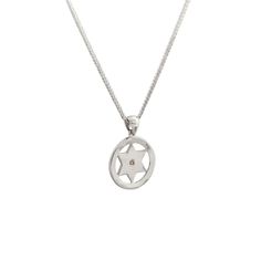 Striking in its beauty and simplicity, this small 14k white gold Star of David in a circle pendant contains a single center diamond and has an ultra-smooth texture and high shine finish. This is a modern Magen David, slightly abstracted and perfect as a necklace by itself or layered. The solid, 14 karat gold star sits symmetrically inside a smooth gold circle whose arcs are reminiscent of the arches and domes of Jerusalem. This is a modern, elegant take on a timeless symbol. A beautiful gift for Diamond Necklace With Star Charm, White Gold Star Charm Round Pendant, White Gold Round Pendant With Star Charm, White Gold Jewelry With Star Charm Round Pendant, Sterling Silver Star Diamond Necklace, Silver Diamond Star Of David Necklace, Silver Diamond Necklace In Star Of David Shape, White Gold Diamond Necklace Star Of David Shape, White Gold Diamond Necklace In Star Of David Shape