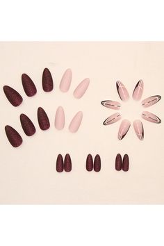 Almond Shaped Press on Nails Medium Matte Burgundy Acrylic Fake Press Ons Nails with Design Glue on Full Cover Artificial False Stick on Nail for Girls Women Daily Wear 24PCS