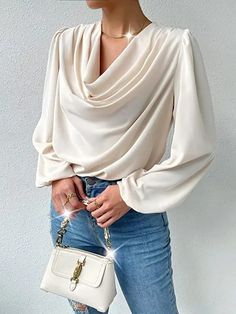 Bishop Sleeve Blouse, Satin Bluse, U Neck, Lantern Sleeves, Blouse Styles, V Neck Tops, Long Tops, Cowl Neck, Fitness Fashion