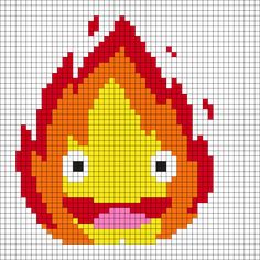 a cross stitch pattern with an orange fire on it's face in red and yellow