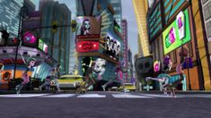 an animated city scene with people crossing the street in front of tall buildings and neon signs