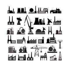 black and white silhouettes of industrial buildings, factories and oil pumps on a white background