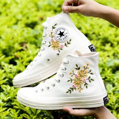 Personalized Wedding Sneakers for Bride and Groom, Wedding Flowers Embroidered Platform Shoes for Wedding, Bridal Flowers Embroidered Converse Custom, Gift for Her 💚 Immerse yourself in the intricate craftsmanship as we lovingly hand embroider rustic flowers onto your chosen Converse pair 💚 🌿 The listed price encompasses both the Converse Shoes and the showcased Embroidery Designs. 1. MANUFACTURING PROCEDURE 🌿 Upon receiving your order, we initiate the shoe preparation process. If your chose Spring Wedding Shoes With Embroidery And Closed Toe, Spring Wedding Shoes With Embroidered Closed Toe, White Embroidered Closed Toe Wedding Shoes, White Sneakers With Appliques For Summer, Embroidered Round Toe Wedding Shoes, Spring Wedding Embroidered Sneakers, White High-top Sneakers With Floral Embroidery, White Lace-up Sneakers With Appliques, Spring Wedding High-top Sneakers