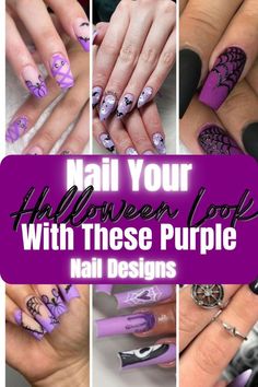 Black And Purple Nails, Fun Halloween Nails, Halloween Nail Art Easy, Black Halloween Nails, Halloween Manicure, Halloween Purple, Purple Nail Art, Purple Nail Designs, Black Nail Art