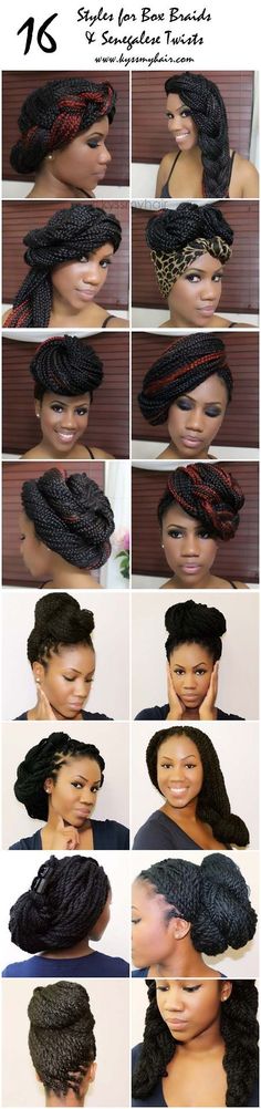 16 Styles for box braids and marley/Senegalese twists. Styles For Box Braids, Bun Braids, Braids Boxbraids, Senegalese Twists, Side Bun, Box Braids Styling, Braids Hair, Natural Hair Tips