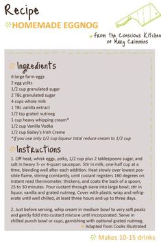 the recipe for homemade eggnog is shown in this page, with instructions to make it