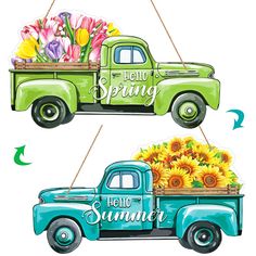 two green trucks with sunflowers in the back and hello spring on the front