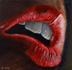 an oil painting of a red lips with white teeth and black tips on a brown background