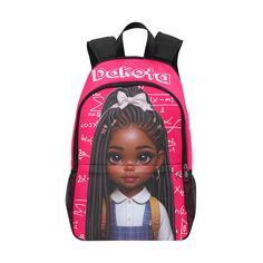 Representation matters. The perfect bag for your favorite Brown girl. Perfect for Class, Travel and Practice. Customize with one name only. Not able to change or customize colors. Matching lunchbag available. Express shipping available. regular shipping is 2 weeks. Please check messages for a sample of your bag. * Made of 1200D nylon, durable and lightweight. * One main zipper compartment with large opening and one inner pocket. * One front pocket and one back zipper laptop compartment. * Black stitch lines on the surface of backpacks. * Perfect for holding a laptop and many books. * Padded back panel and adjustable shoulder straps for ultra comfort and stability. Ideal image size in pixels (W * H): Front: 1840x 2512 or Higher / 150 dpi Top Zipper Gusset: 4112 x 1488 or Higher / 150 dpi Le Customizable Pink Backpack For School Events, Customizable Pink Bags For Students, Customizable Pink Backpack For Students, Personalized Pink Bag For Back To School, Custom Name Pink School Bags, Back To School Multicolor Character Print Bags, Personalized Rectangular Pink Backpack, Playful Personalized Back-to-school Bag, Ideal Image