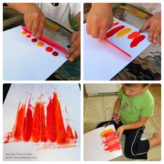 four pictures showing different stages of painting with red, orange and yellow colors on paper