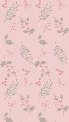 a pink wallpaper with holly leaves and berries on the bottom, in shades of grey