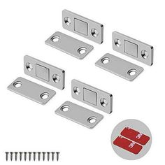 stainless steel cabinet door hinges with screws and bolts on white background, set of 5