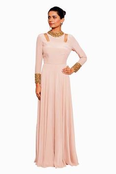 Shop for Salt and Spring Pink Silk Crepe Shoulder Cut-out Gown for Women Online at Aza Fashions Glamorous Designer Georgette Dresses, Glamorous Georgette Dress With Zari Work, Glamorous Festive Dresses With Dabka Work, Evening Gown With Dabka Work In Maxi Length, Floor-length Lehenga With Dabka Work For Evening, Evening Gown With Dabka Work Maxi Length, Evening Floor-length Lehenga With Dabka Work, Festive Embellished Maxi Dress For Designer Wear, Semi-stitched Floor-length Gown With Gold Embroidery