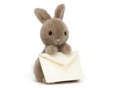 a stuffed rabbit holding an envelope in it's paws and looking at the camera