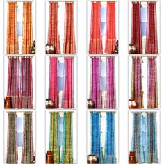 the different colors of curtains are shown in multiple rows, each with an open window