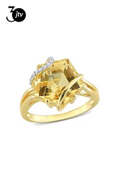 Look exceptionally classy with this enchanting Wrapped Stone Ring. Crafted in luminous yellow plated sterling silver, this glistening ring features a fancy-cut, prong and channel-set citrine gemstone (12x12mm) wrapped in 11 round-cut, prong-set diamonds (H-I, I3). Coordinate this splendid ring with a semi-eternity stackable ring for the perfect party look. Enhanced with a high polished finish, this dainty ring is sure to make you popular amongst the jewelry lovers. Cubic Zirconia Bracelet, Moissanite Necklace, Yellow Gemstones, Cubic Zirconia Earrings, Citrine Gemstone, Fine Jewelry Bracelets, Fashion Jewelry Earrings, Pearl Gemstone, Stackable Ring