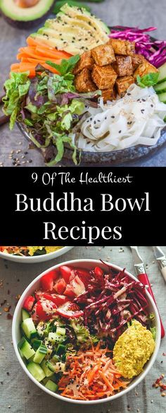 buddha bowl recipe with vegetables and tofu in the background