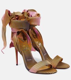 Chic Silk Heels For Summer, Luxury Multicolor Sandals For Formal Occasions, Luxury Multicolor Formal Sandals, Fabric Open Toe Sandals With Wrapped Heel, Open Toe Fabric Sandals With Wrapped Heel, Luxury Multicolor Open Heel Sandals, Chic Fabric Sandals With Removable Insole, Multicolor Evening Sandals With Removable Insole, Multicolor Open Toe Sandals For Formal Occasions