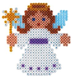 a cross stitch bead pattern of a snowman in white and blue with brown hair