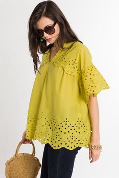 Lime Twist Lace Top :: NEW ARRIVALS :: The Blue Door Boutique Casual V-neck Eyelet Blouse, Eyelet Tops With Relaxed Fit For Daywear, Relaxed Fit Eyelet Tops For Daywear, Chic Spring Tops With Cutwork Hem, Chic Summer Blouse With Cutwork Hem, Spring Tops In Broderie Anglaise With Relaxed Fit, Spring Broderie Anglaise Relaxed Fit Top, Spring Broderie Anglaise Top With Relaxed Fit, Summer Pointelle Knit Tops For Daywear