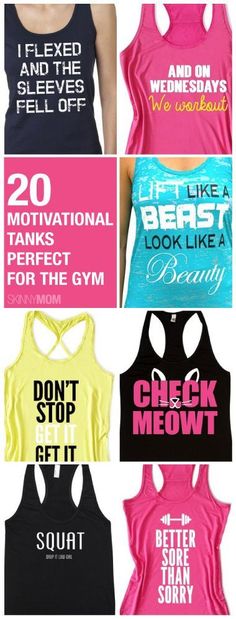 tank tops with slogans on them and the words motivation tanks written in different colors