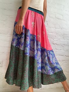 "Beautiful boho style patchwork skirt made in vinatge silk material  MEASURE Size M Waist 26-36\" Length 33\" MATERIALS *silk * no lining  More boho style ideas at  https://www.etsy.com/shop/AltheaStores Thank you for looking" Floral Patchwork Tiered Skirt For Festivals, Festival Floral Patchwork Tiered Skirt, Festival Tiered Skirt With Floral Patchwork, Bohemian Flared Patchwork Skirt, Loose Skirt, Patchwork Skirt, Skirt Summer, Full Circle Skirts, Silk Material