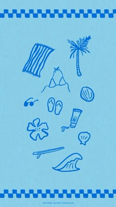 a blue paper with various items drawn on it, including a palm tree and umbrella